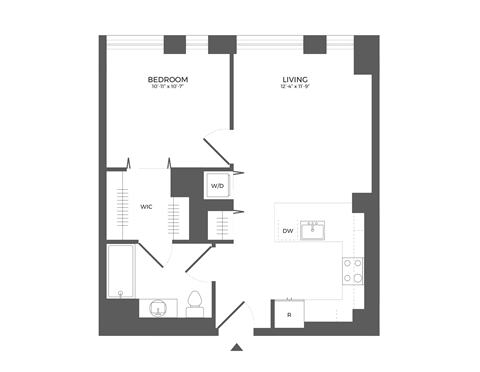 Floor plan for 1 bed, 1 bath, 651 sqft
